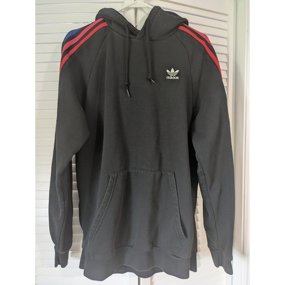 ADIDAS Originals Mens Pullover Hoodie Black Tricolor 3-Stripes Trefoil Size M